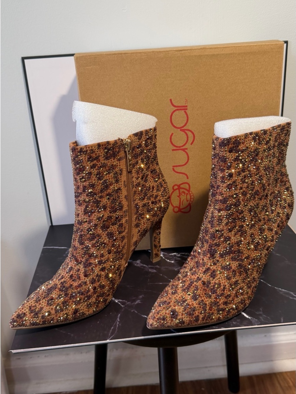 Sugar Vecna Leopard Print Crystal Embellished Stiletto Booties – NIB size 8